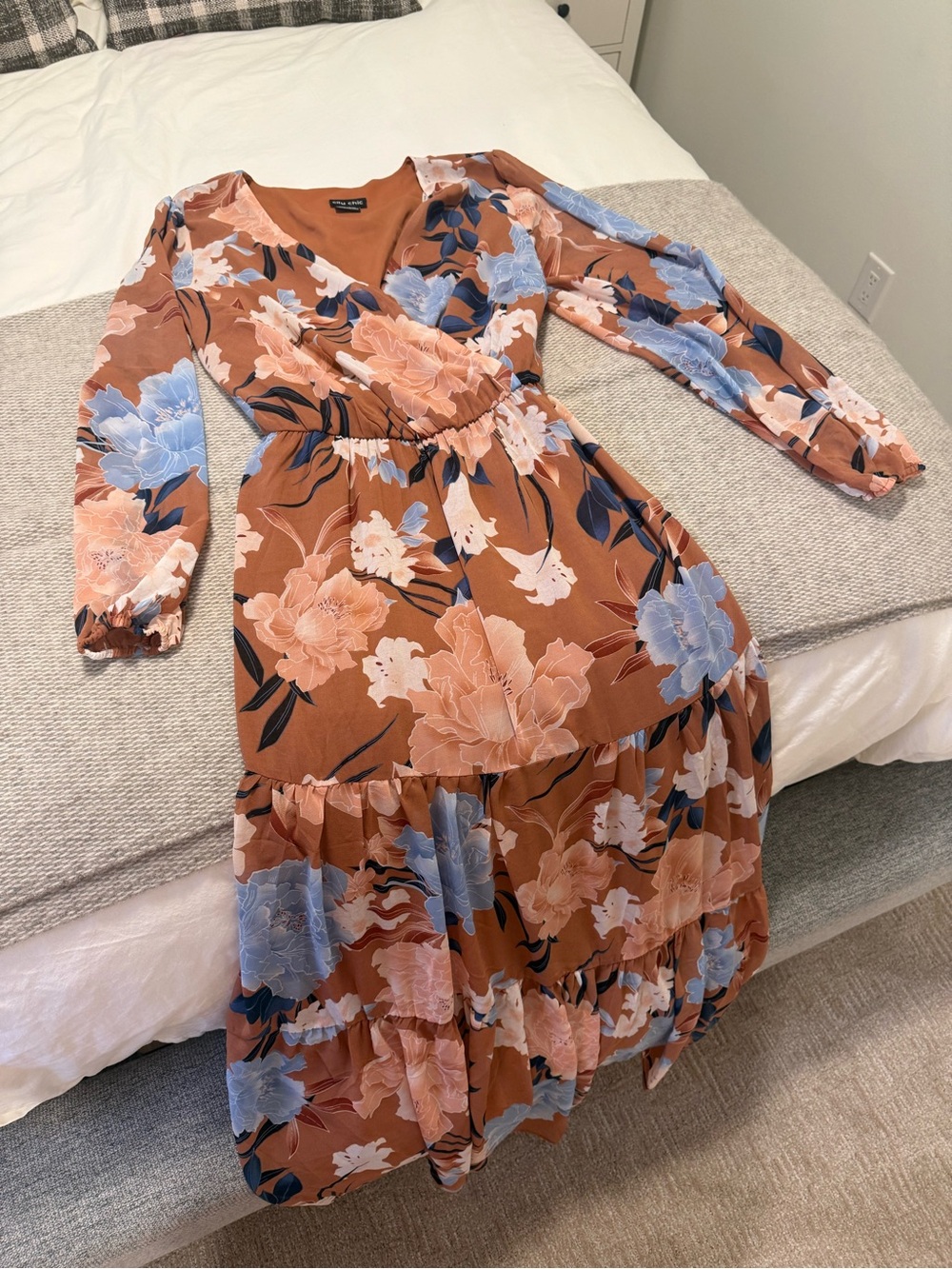 Plus Floral Wrap Midi Dress in Brown and Blue - Picture 2 of 2